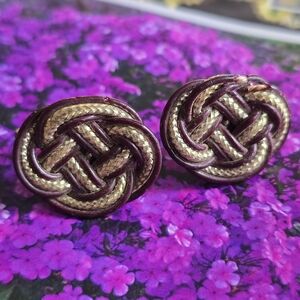 Vintage earrings knot design woven brown gold tone screwback